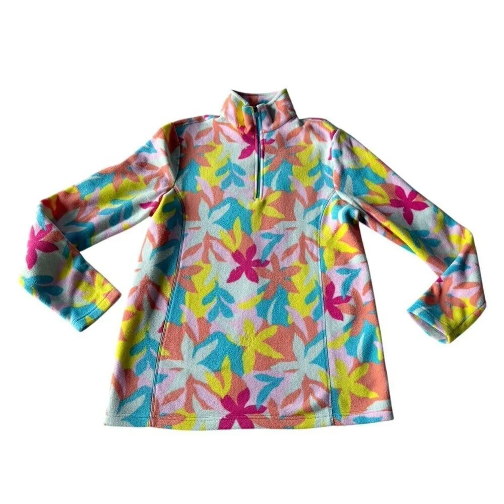 Land's End Womens Sz M/T Starfish Multi Color Bright Fleece Quarter Zip Pullover